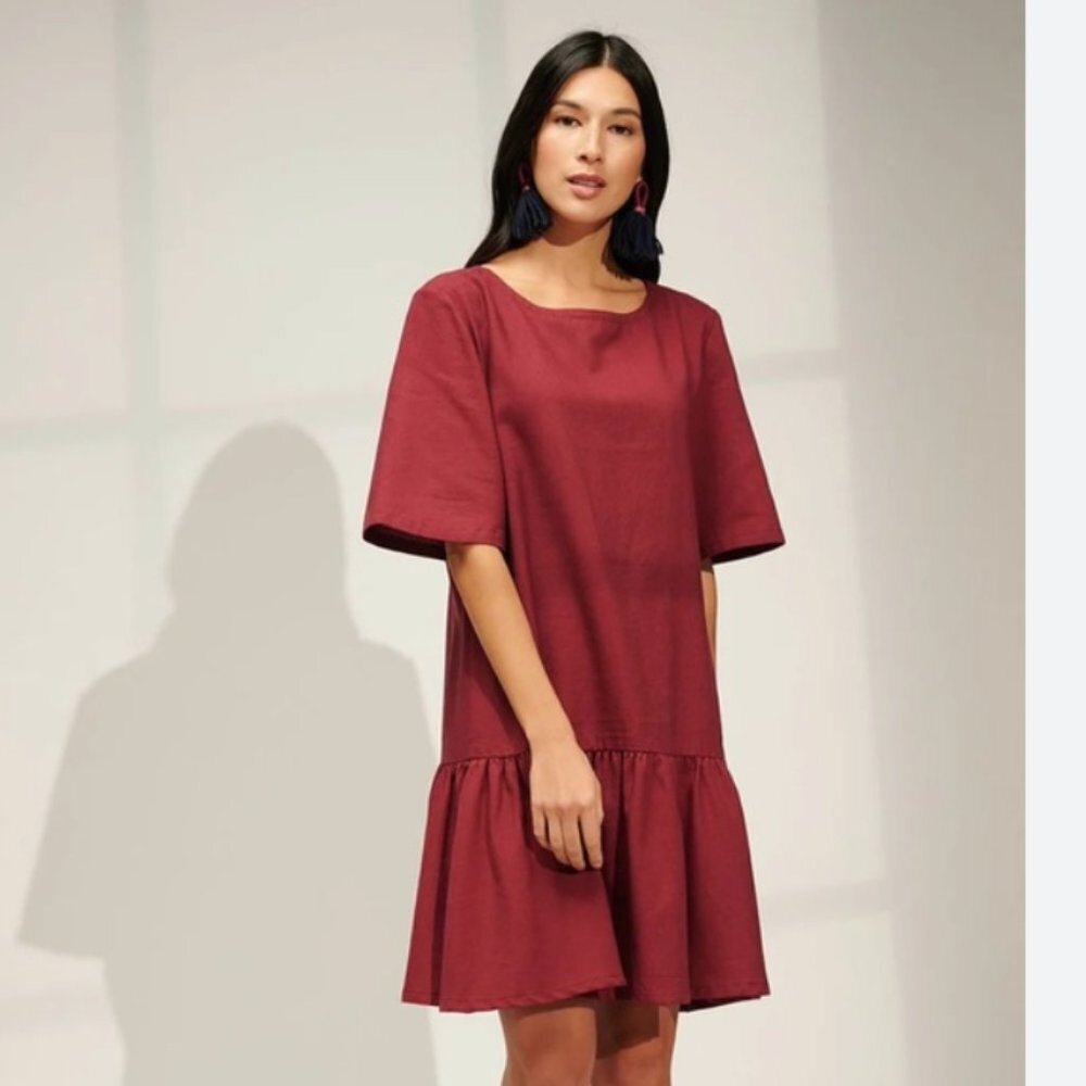 EMMA KNUDSEN LAUREN SHORT SLEEVE RUFFLE SHIFT DRESS - L